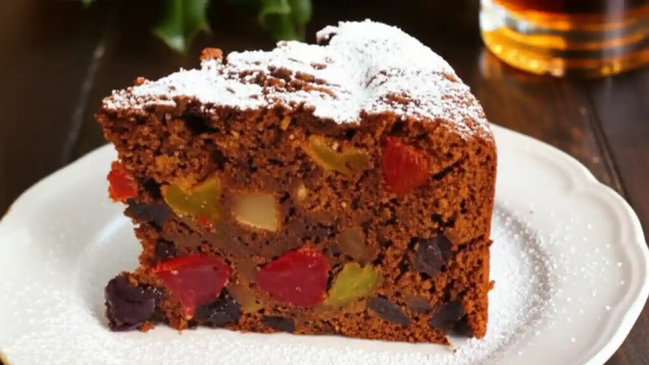 A close-up slice of a dense, dark holiday fruitcake on a plate, showing rich fruits and nuts, ready to be eaten.