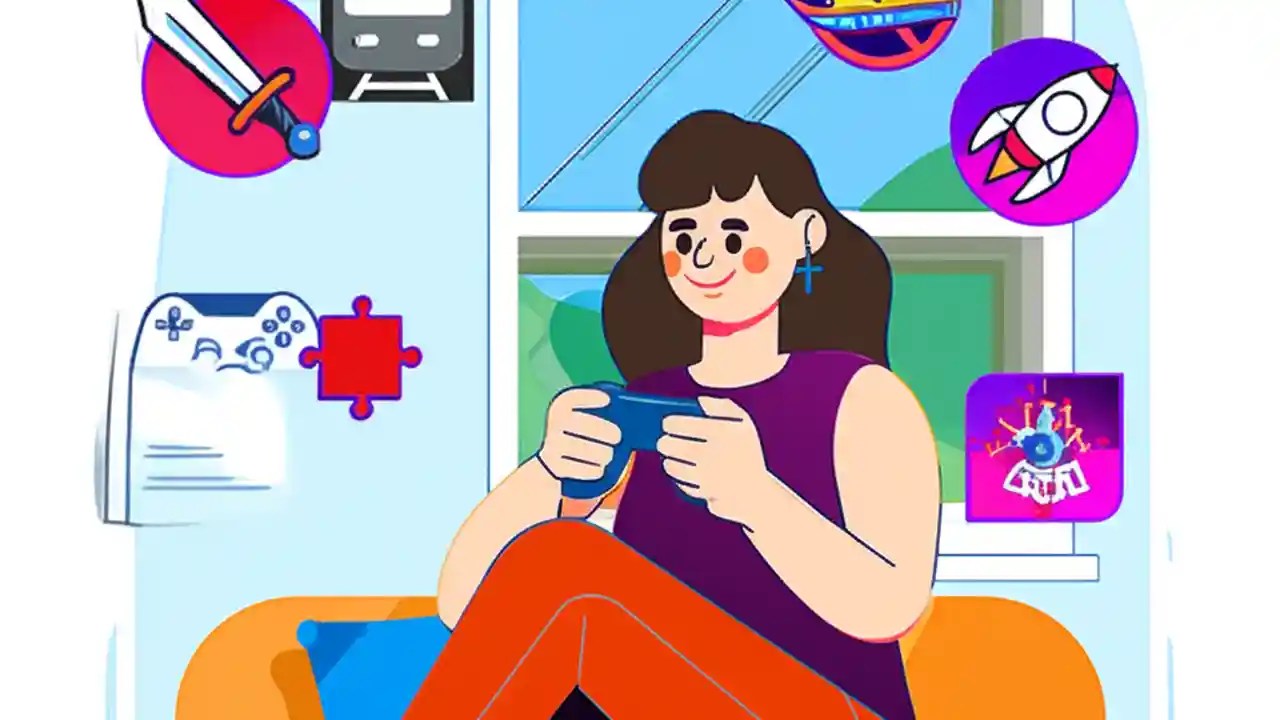 A person playing an offline game on their phone, surrounded by icons representing different game genres, with a 'no Wi-Fi' symbol nearby.