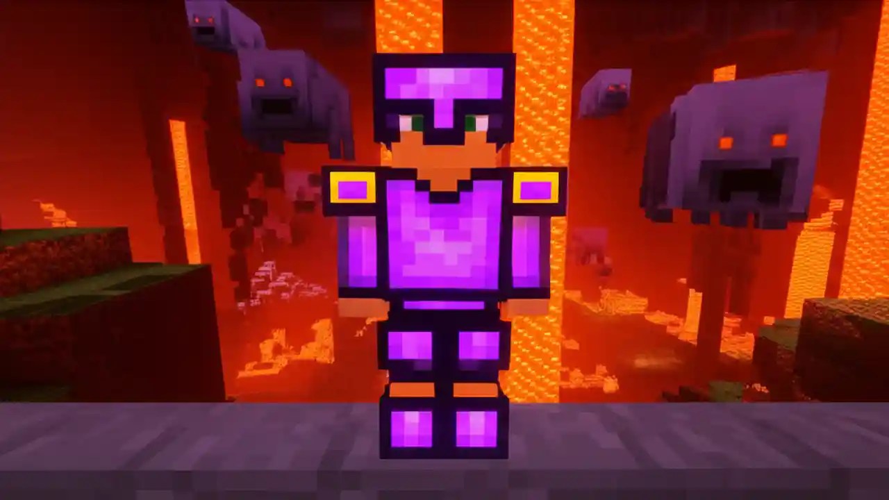 A player in Minecraft wearing the best armor, a full set of enchanted Netherite, standing in the Nether.