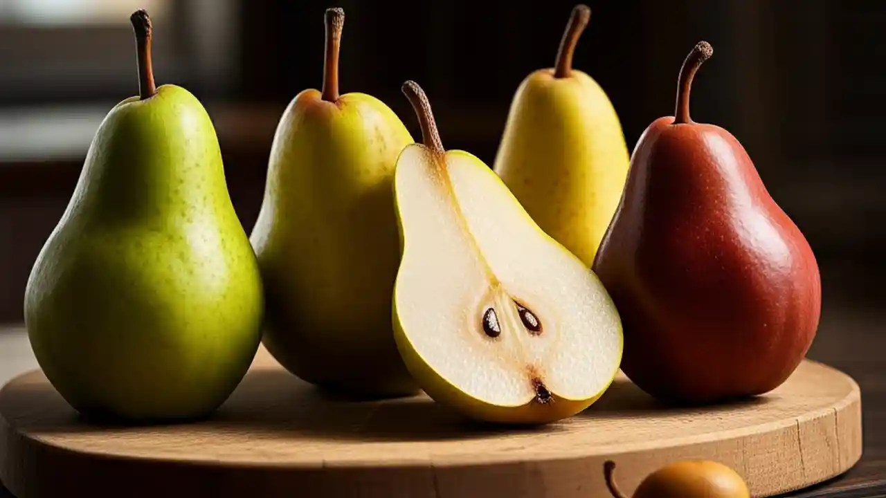 A variety of fresh pears, including a sliced Bartlett, arranged on a wooden table to show the best types for eating raw.