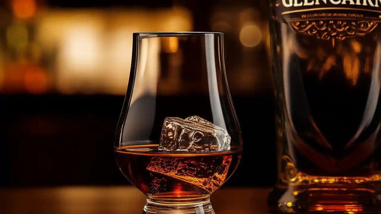 A crystal glass filled with amber-colored sipping rum sits on a wooden bar next to a few premium rum bottles.