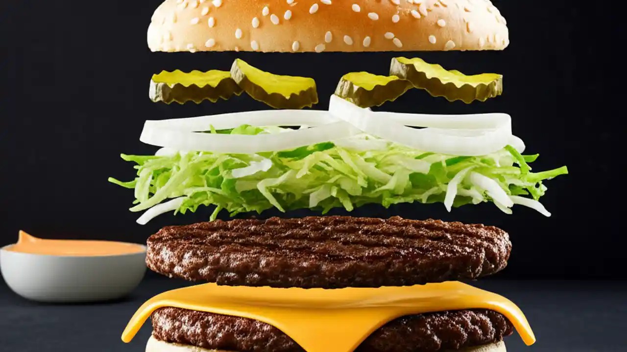 A detailed cross-section of a Big Mac showing its ingredients: two beef patties, special sauce, lettuce, cheese, pickles, and a three-part bun.