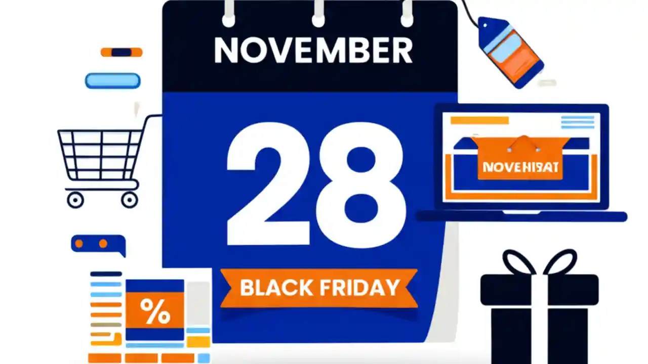 An illustration showing a calendar with the Black Friday 2026 date, November 28, circled, surrounded by icons for online shopping and deals.