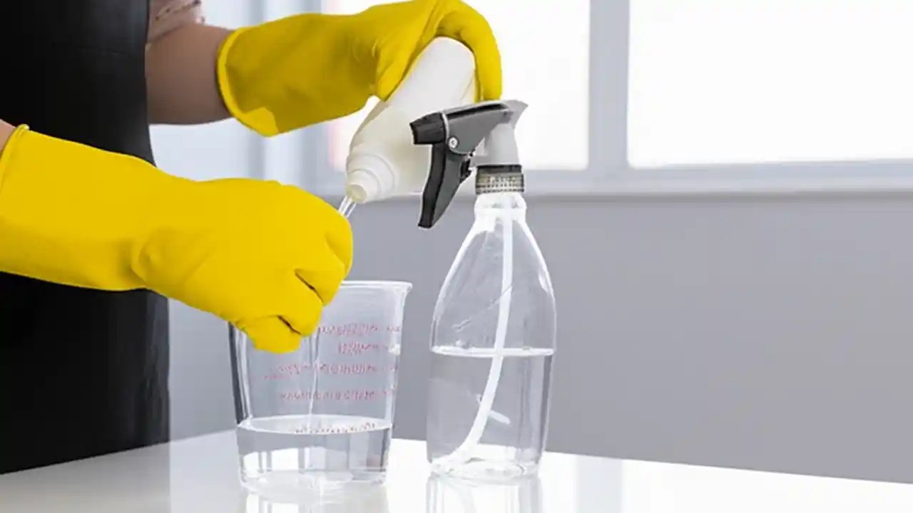 A person wearing protective yellow gloves carefully measures bleach to mix with water in a spray bottle for home disinfecting.