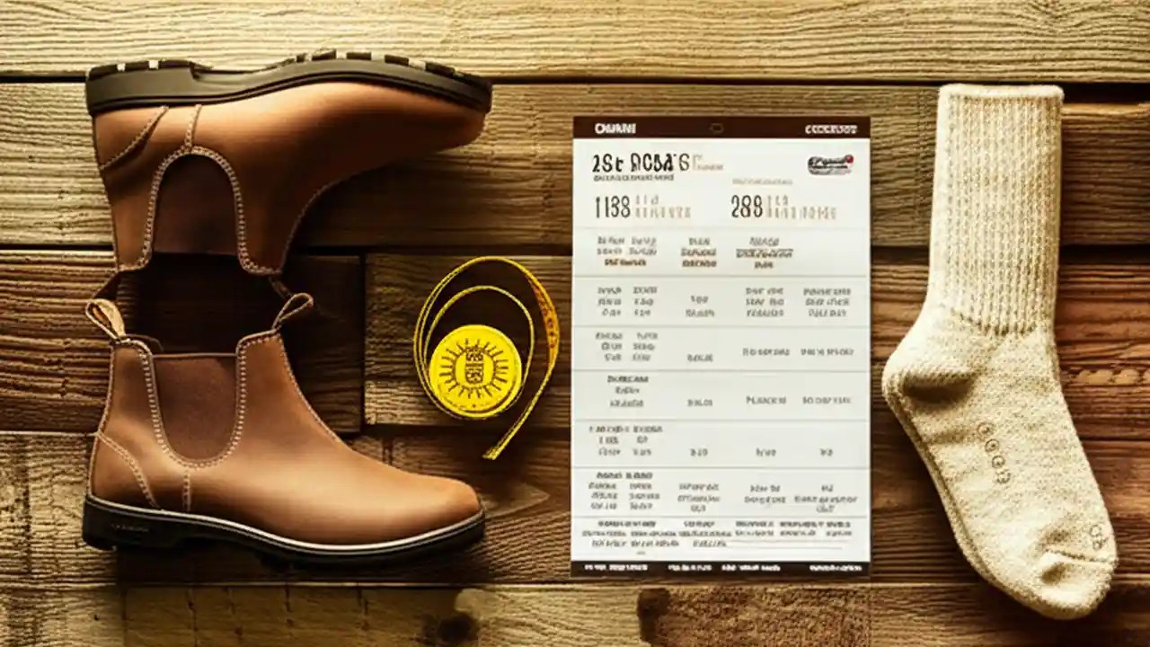 A pair of Blundstone boots laid next to a measuring tape and size chart, illustrating how to find the correct size for the iconic boots.