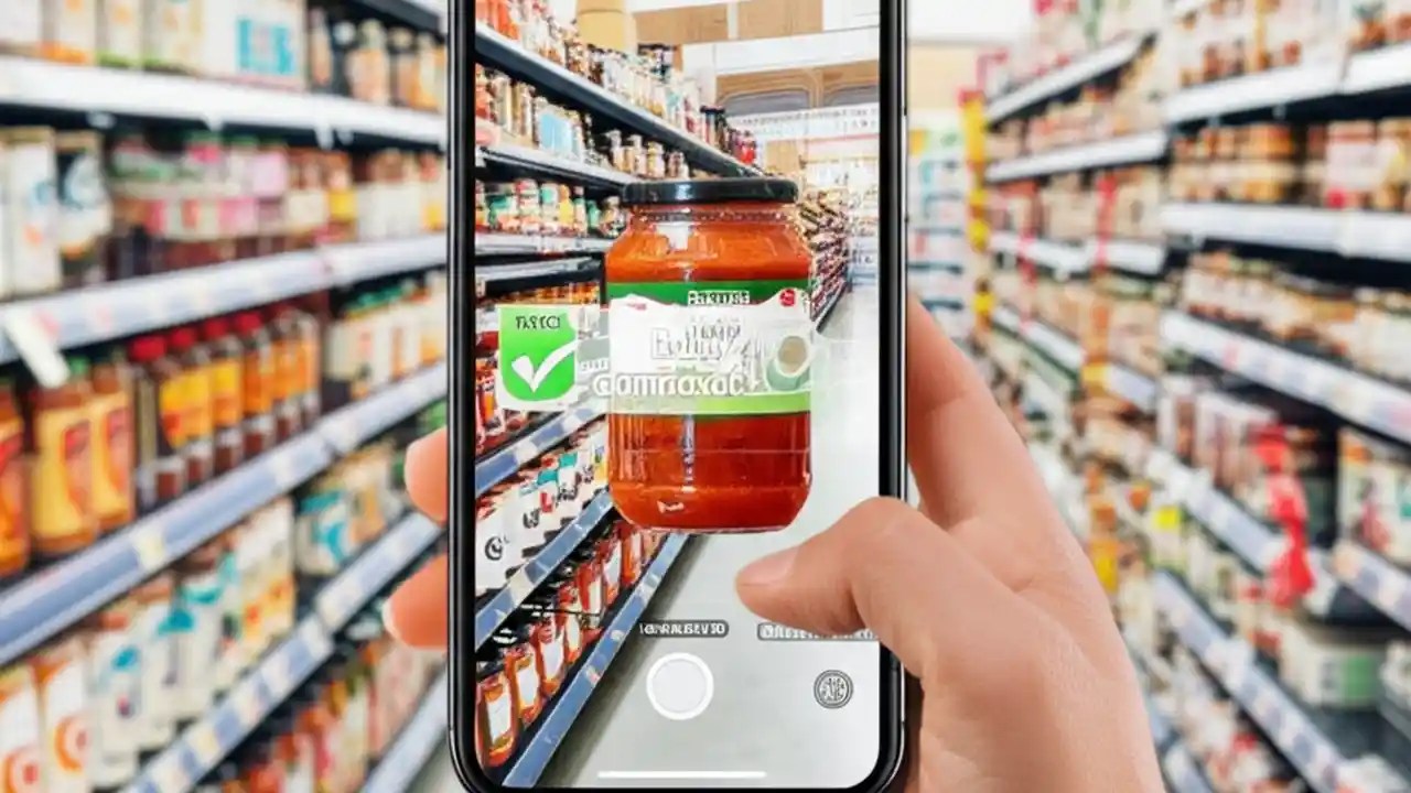 A person scanning a jar of pasta sauce with the FlavCity app in a grocery store, with the screen showing the 'Bobby Approved' green checkmark.