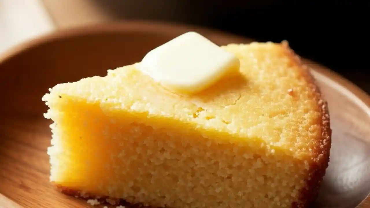 A golden slice of moist Bob's Red Mill cornbread in a cast-iron skillet, with a pat of butter melting on top.