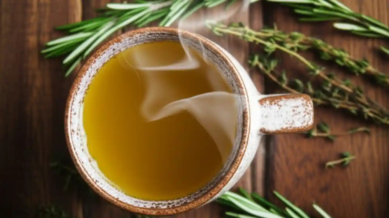 A steaming mug of golden bone broth on a rustic table, symbolizing a healthy bone broth fast.