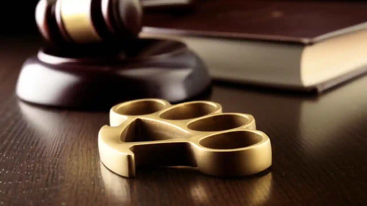 A judge's gavel rests next to a pair of brass knuckles on a desk, illustrating the complex laws surrounding their legality and possession.