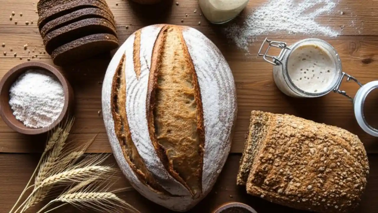 A top-down view of different breads, including sourdough and gluten-free, on a wooden table to illustrate low-gluten options.