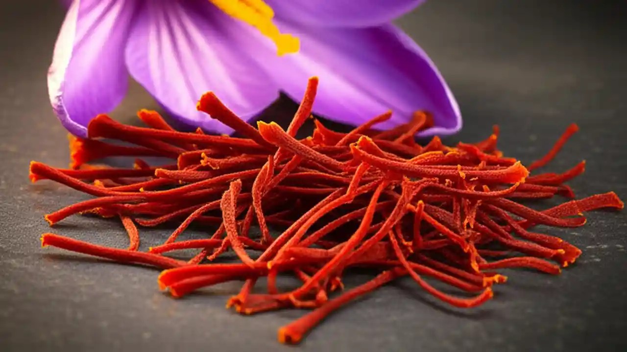 A close-up view of genuine, deep-red saffron threads next to a purple crocus flower, illustrating what quality saffron looks like.