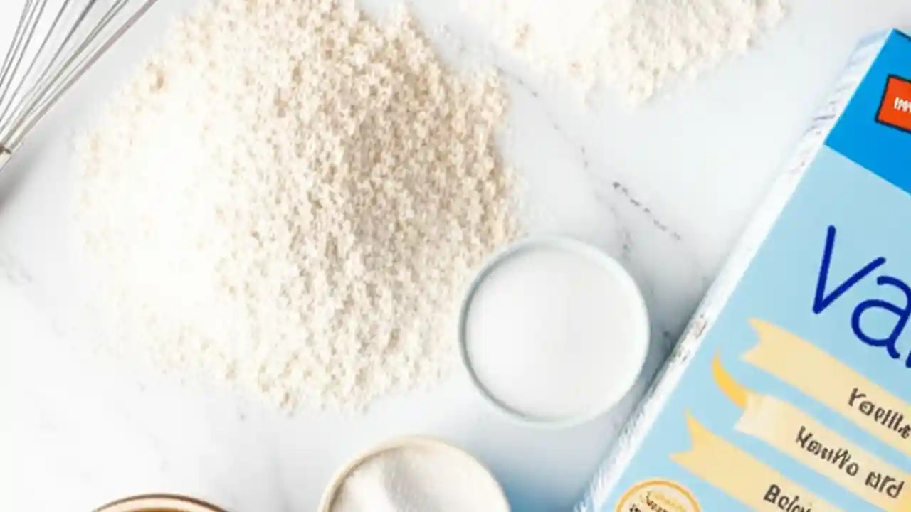 A flat lay showing the contents of a cake mix box alongside its core ingredients like flour, sugar, eggs, and oil on a wooden table.