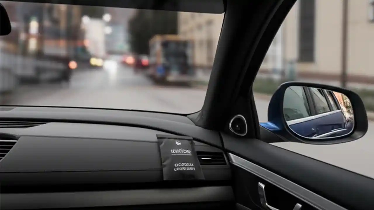 A pristine and fresh-smelling car interior with a hand placing an activated charcoal deodorizer under the seat.