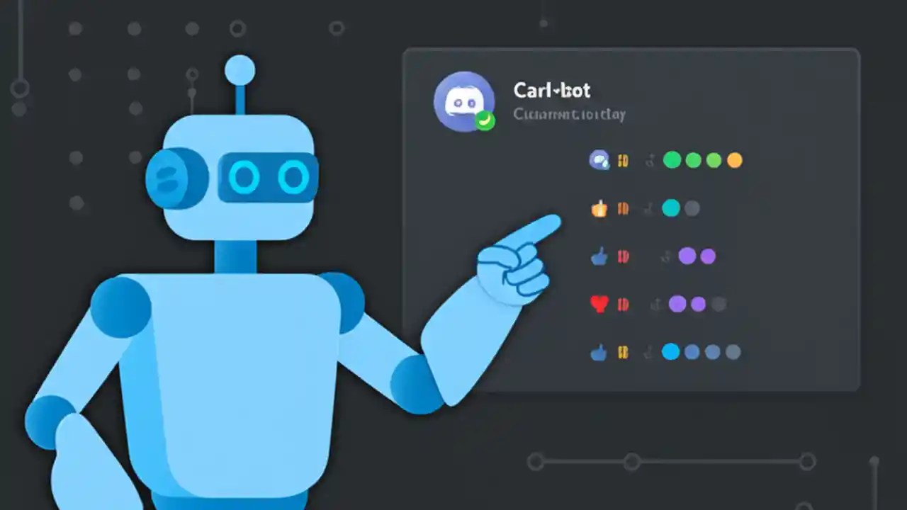 A graphic showing the Carl-bot mascot next to a Discord interface demonstrating how to set up reaction roles for a server.
