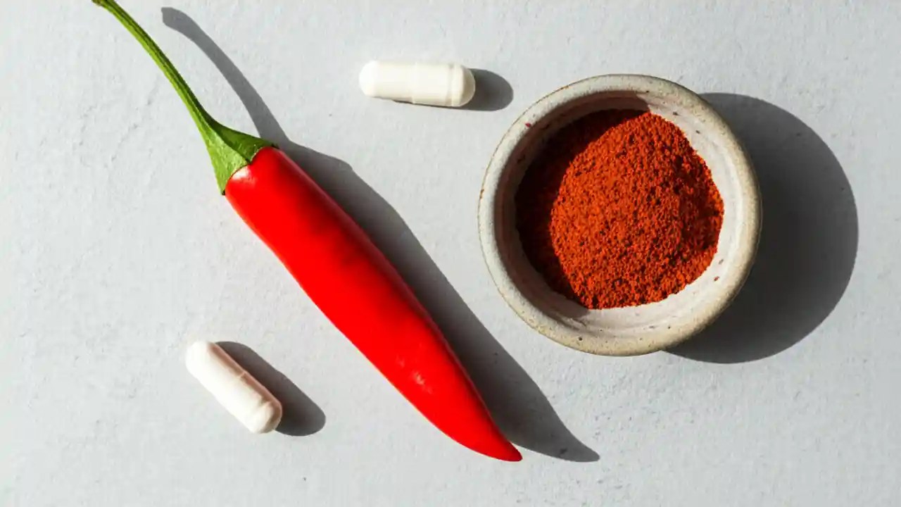 A small bowl of cayenne powder next to two capsules and a fresh cayenne pepper, illustrating different dosage forms.