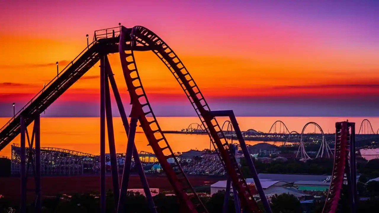 A view of a roller coaster at Cedar Point at sunrise, illustrating the park's opening hours for the 2026 season.