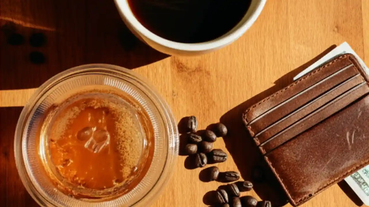 An overhead shot of several cheap Starbucks drinks like black coffee and iced tea on a wooden table, illustrating a guide to saving money.
