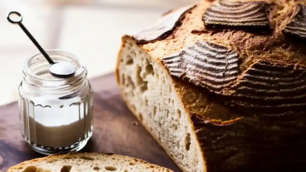 Sliced artisan bread with open crumb next to a jar of citric acid powder.