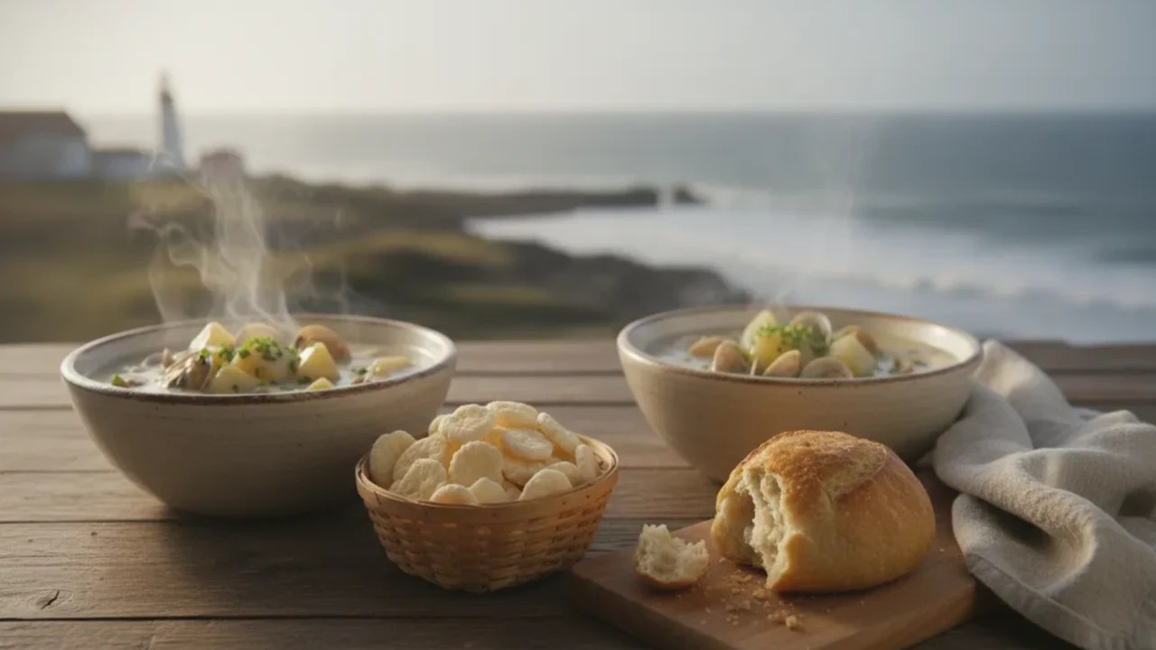 Two bowls of Classic New England clam chowder on a seaside table with oyster crackers and crusty bread.