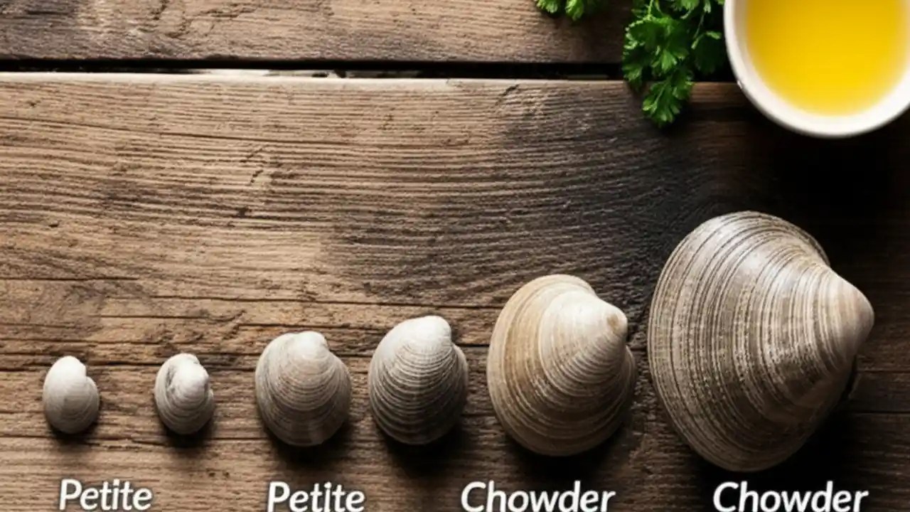 A row of hard-shell clams arranged by size, from small Littlenecks to large Chowder clams, on a wooden board.