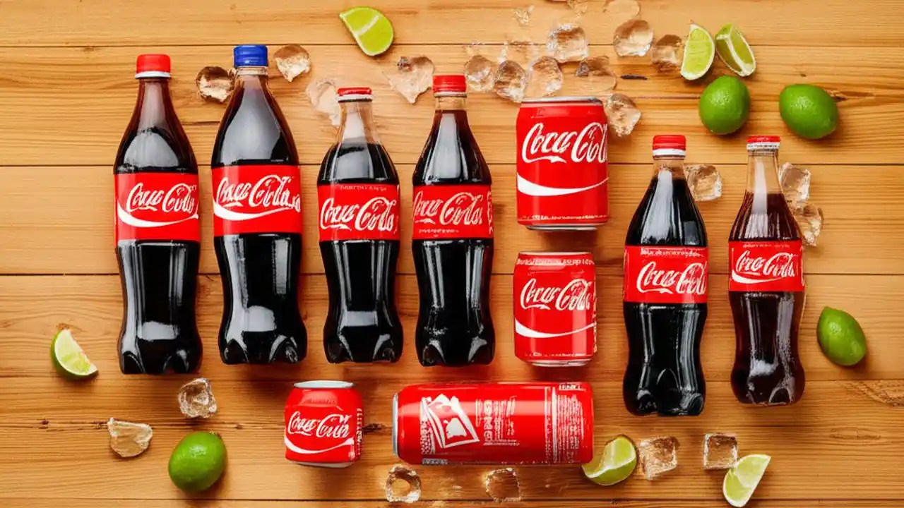 An image displaying different sizes of Coca-Cola, including a glass bottle, a can, a 20 oz bottle, and a 2-liter bottle.