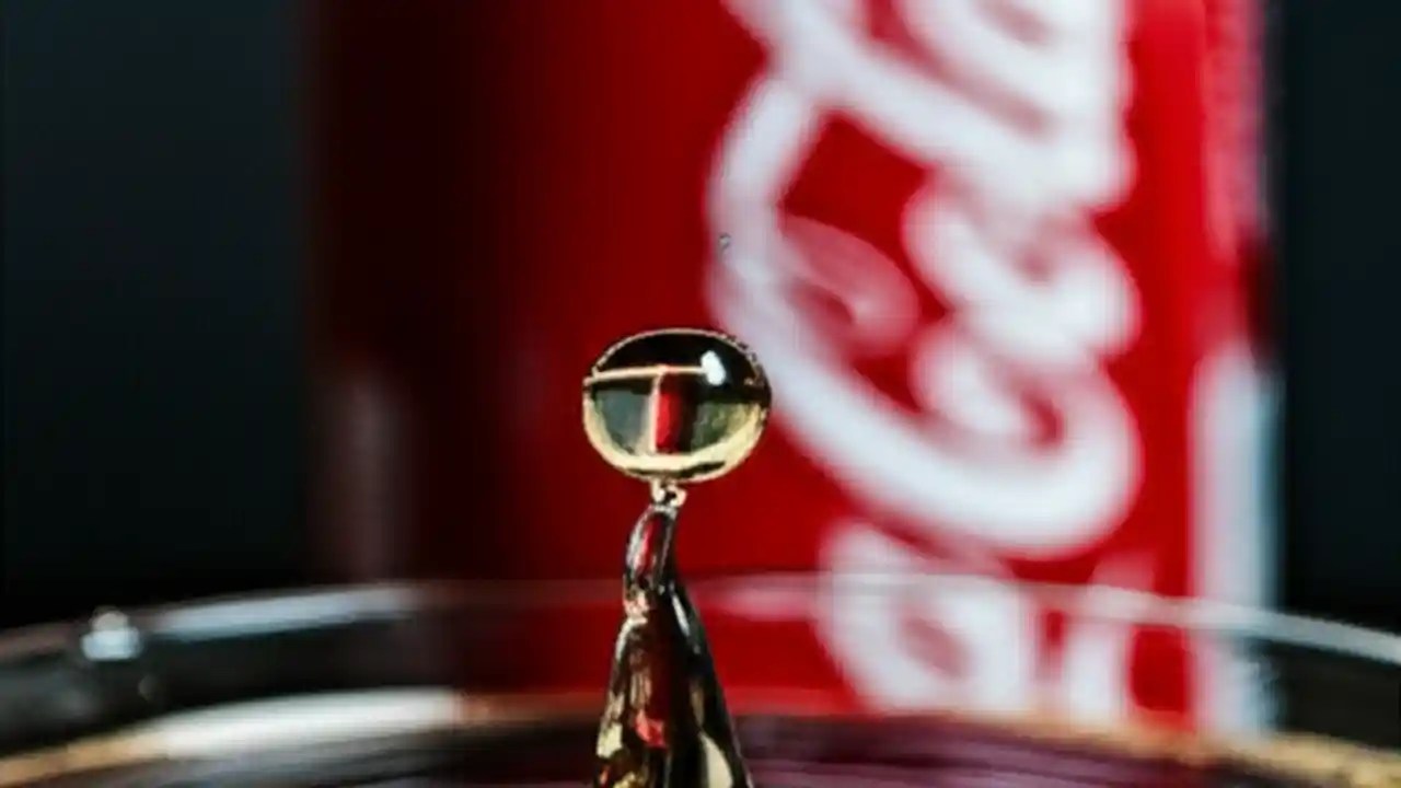 A classic glass bottle of Coca-Cola with its core ingredients like sugar and caramel color artistically arranged in the background.