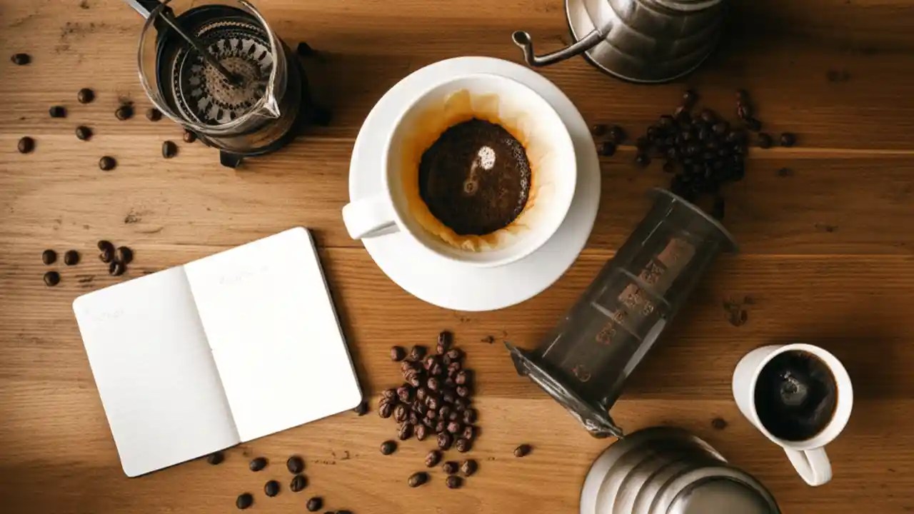 An overhead view of a French press, V60 pour-over, Moka pot, and AeroPress, representing the different methods of making coffee at home.