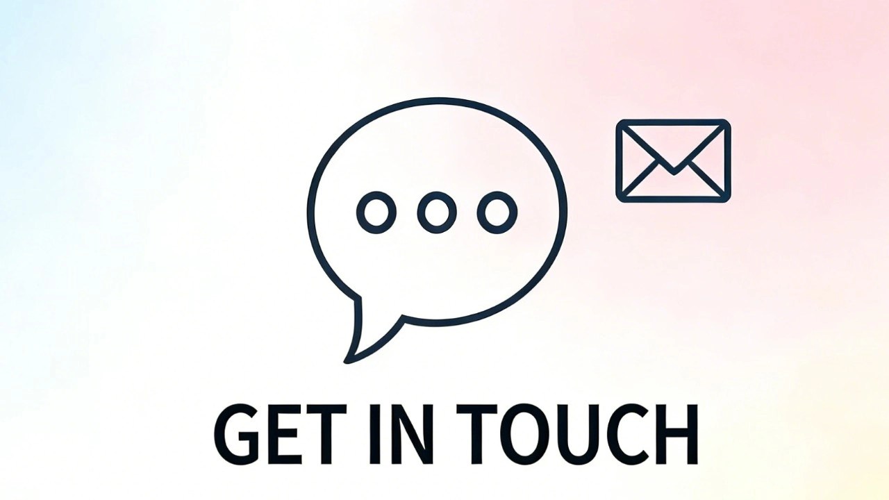 Get in Touch message with chat and email icons over a soft colorful gradient.