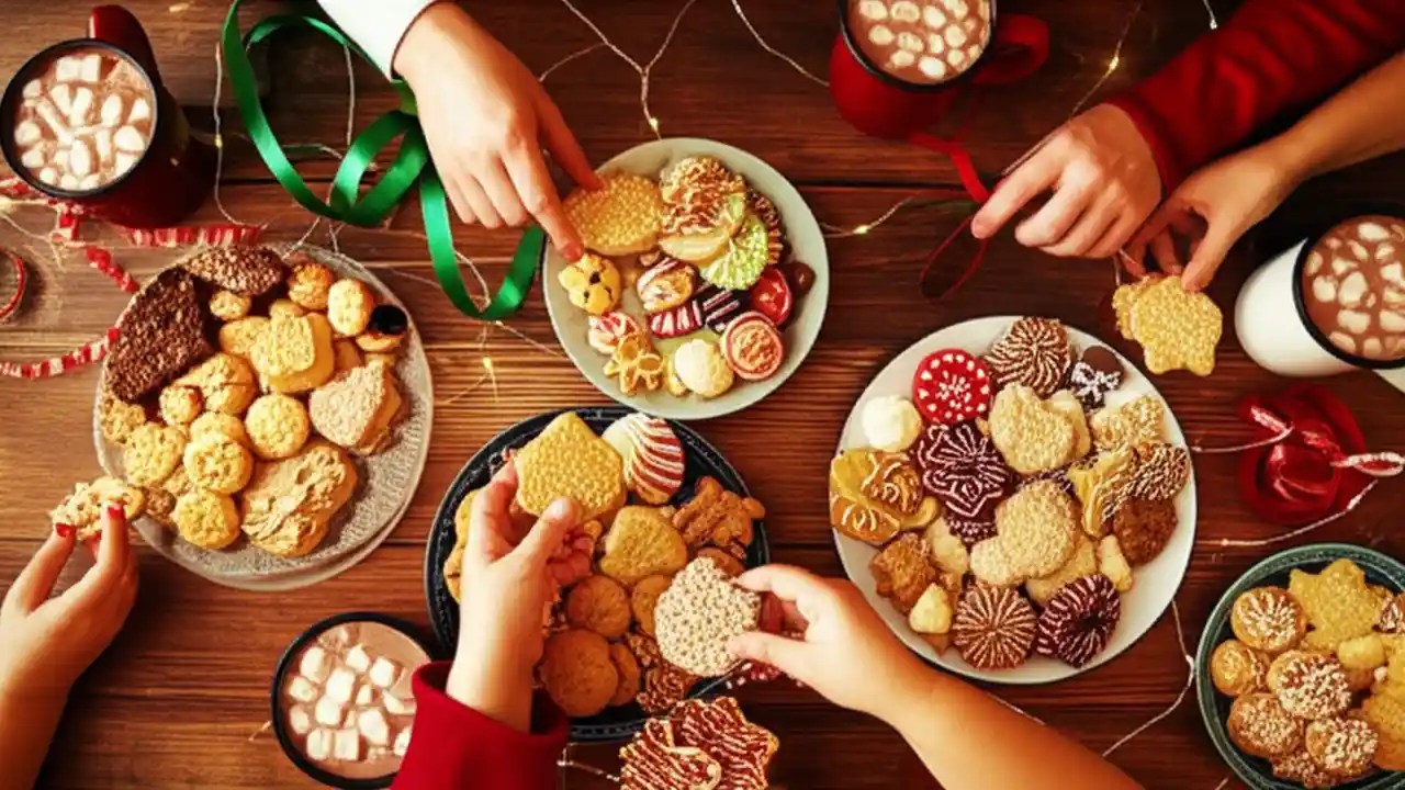 A beautiful wooden table filled with various homemade cookies for a holiday cookie exchange party, with guests socializing in the background.