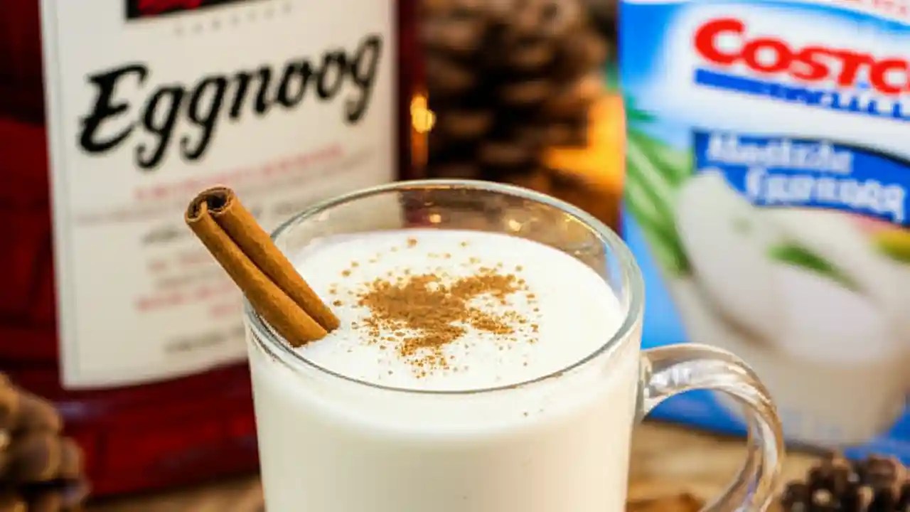 A festive glass of Costco eggnog, garnished with a cinnamon stick, with the Kirkland Signature alcoholic and non-alcoholic cartons visible behind it.