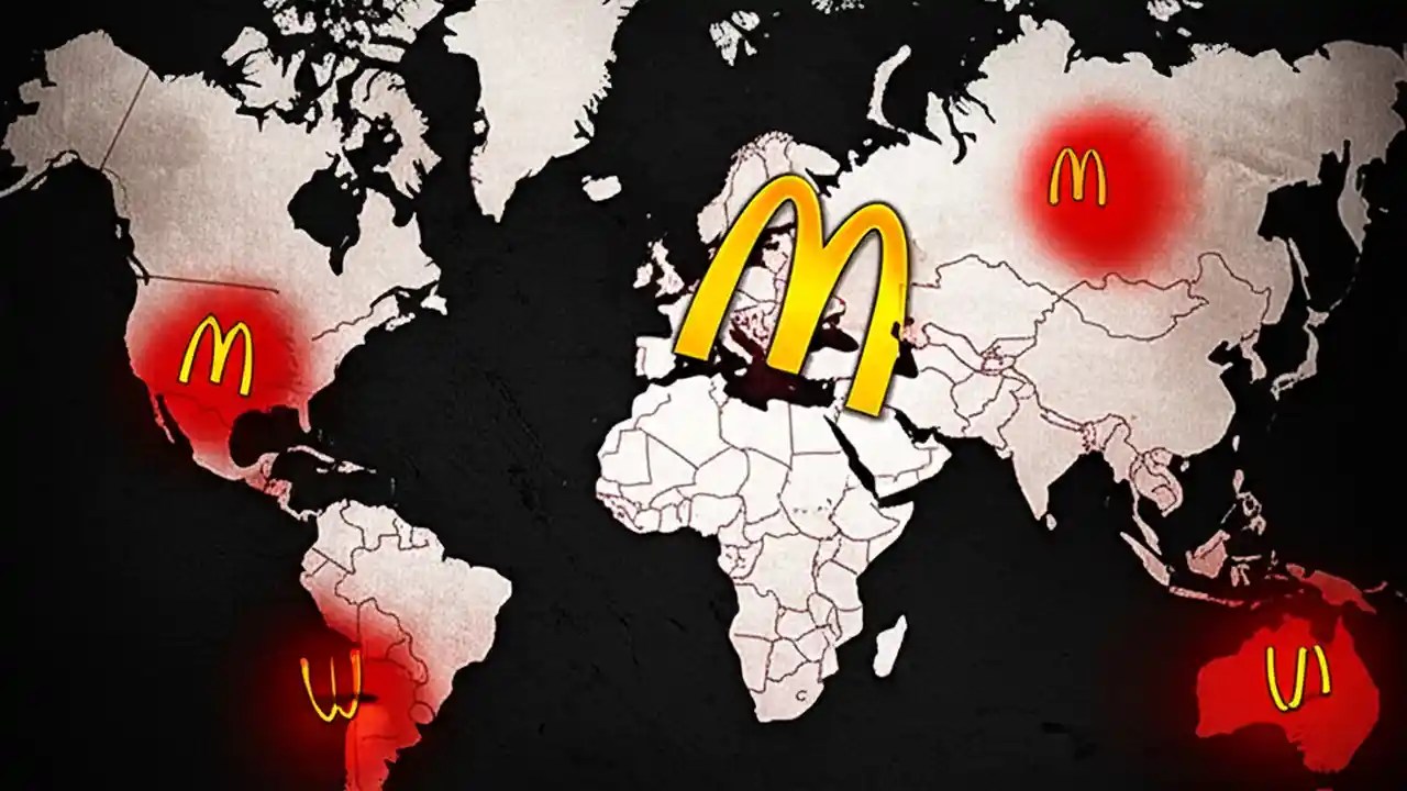 A world map highlighting several countries like Iceland and Bolivia in red to signify that they do not have a McDonald's restaurant.