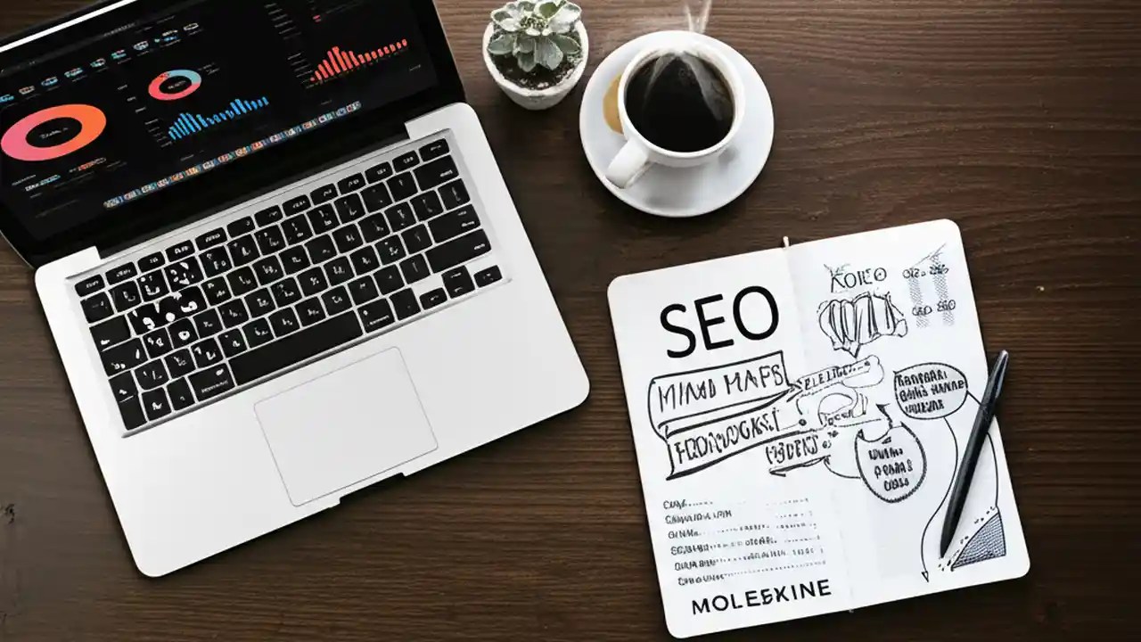 A desk setup with a laptop showing analytics, a notebook with SEO notes, and a coffee, symbolizing the Creator VIP NerdyB program.