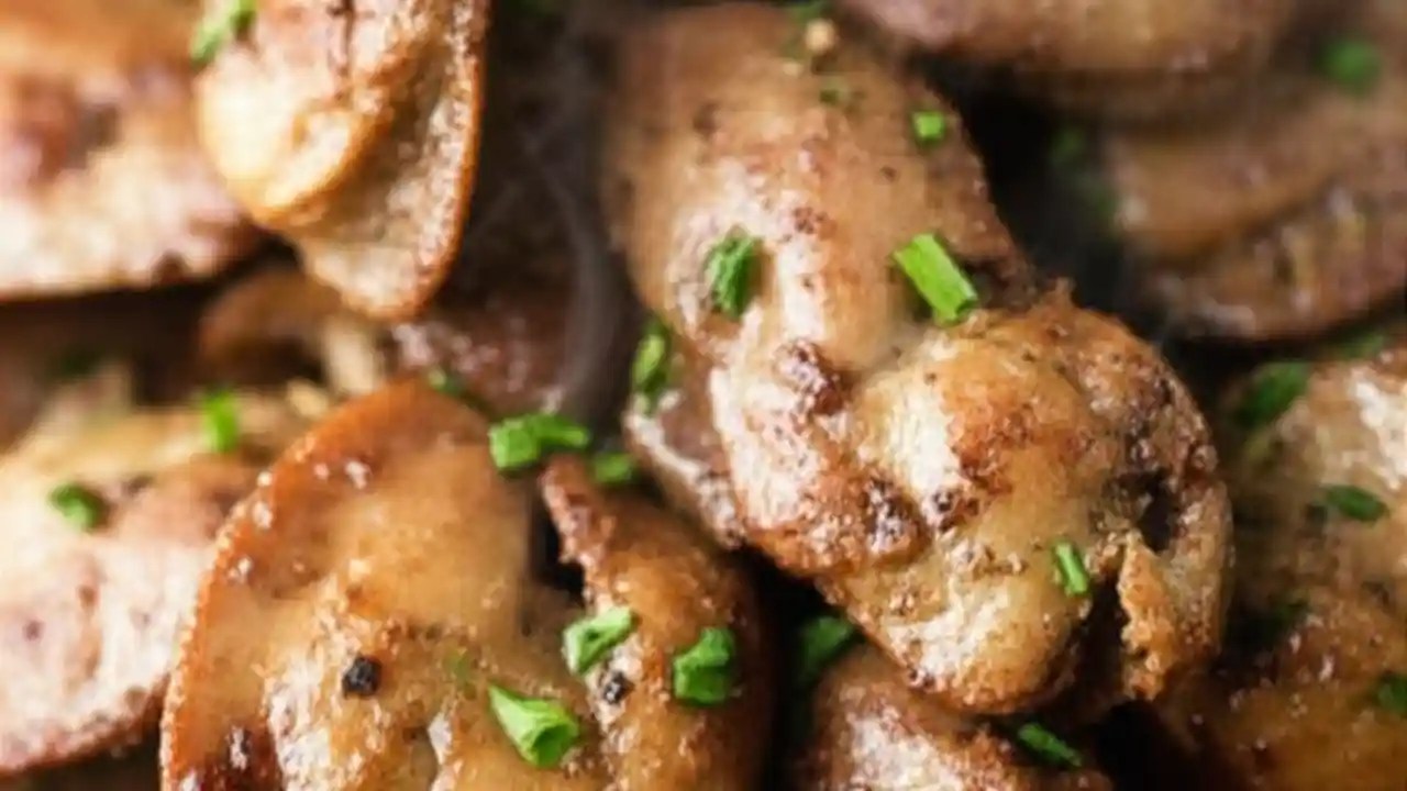 A mound of golden, crispy fried chicken livers on a plate, showing their crunchy texture.