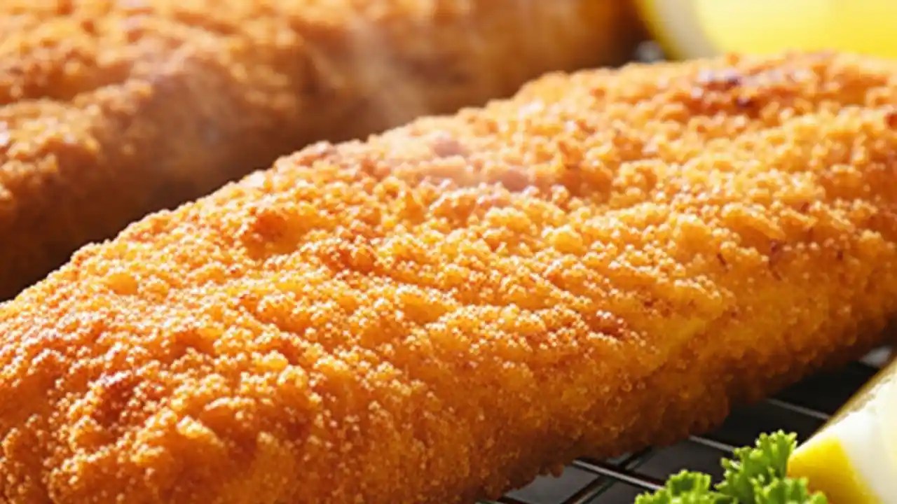 A close-up of a perfectly golden, crispy panko-breaded fish fillet on a plate with a lemon wedge, showing its flaky white interior.