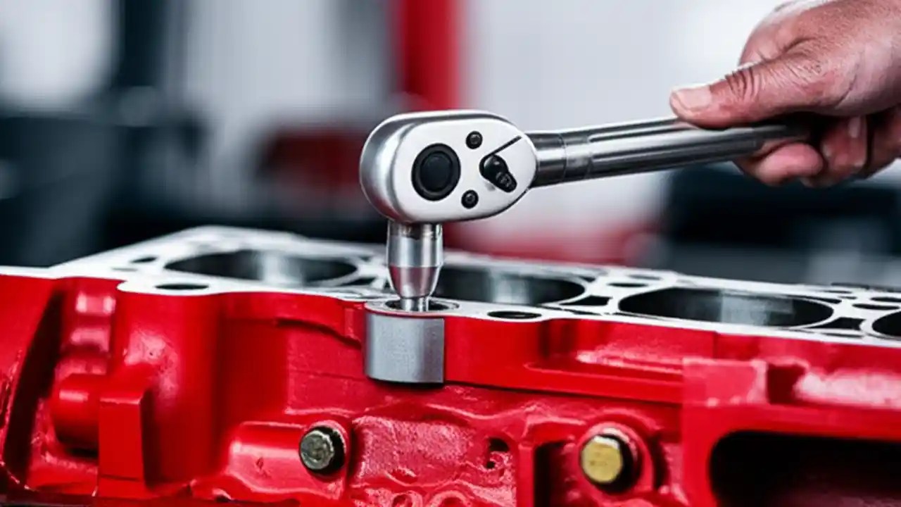 A mechanic carefully using a torque wrench on a Cummins ISX cylinder head bolt, following the correct specifications for a professional engine repair.