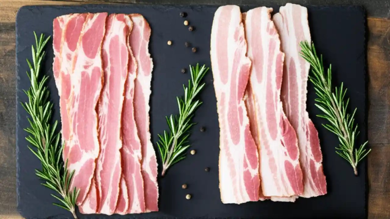 Raw slices of both cured and uncured bacon are laid out on a dark slate board, ready for a detailed comparison of their differences.