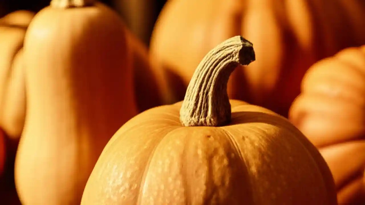 Various types of winter squash, including butternut and pumpkins, arranged on a rustic wooden table to be cured before winter storage.