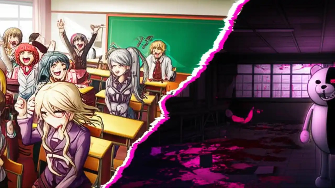 A split image representing the Danganronpa watch order, with a happy school on one side and a despair-filled, dark version on the other.
