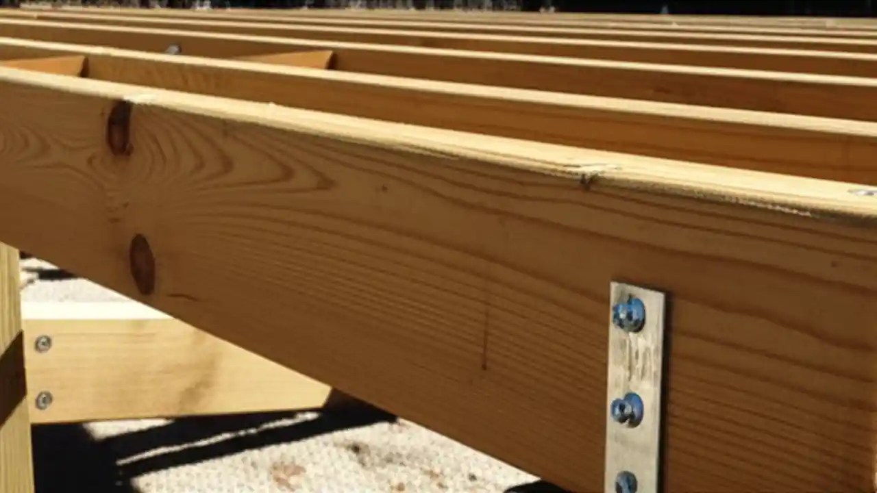 A close-up view of a properly installed double 2x10 deck beam showing the correct span between support posts for a safe deck.