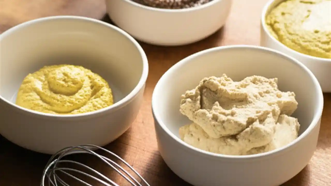 Several small bowls on a wooden board showing various Dijon mustard substitutes like stone-ground mustard, yellow mustard, and a creamy horseradish sauce.