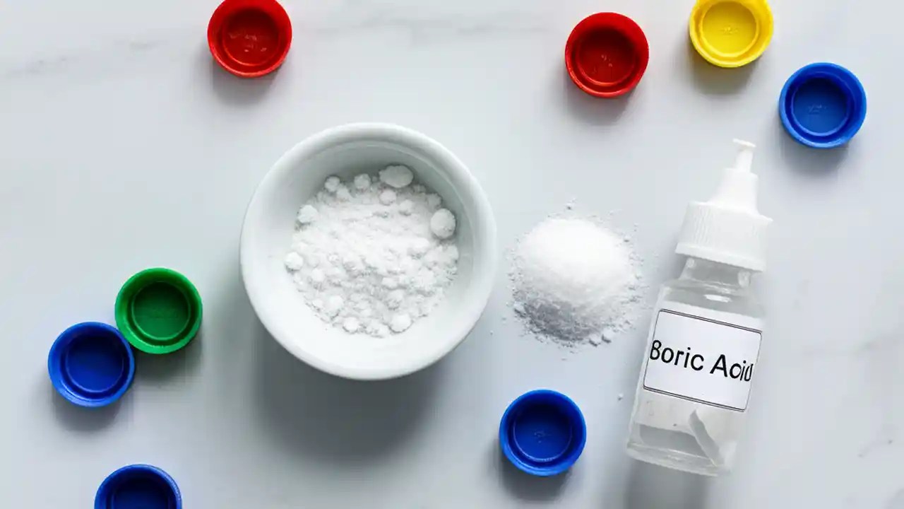 A bowl of boric acid and sugar mixture next to the raw ingredients on a clean counter, prepared for making a DIY cockroach killer.