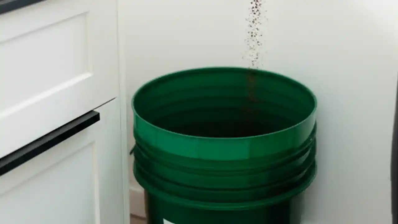 A person adding coffee grounds to a white DIY indoor compost bin sitting on a clean kitchen counter.