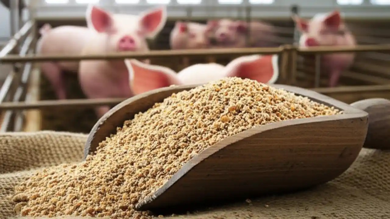 A close-up of a wooden scoop holding a freshly mixed pig feed formula, with healthy pigs in a clean barn in the background.