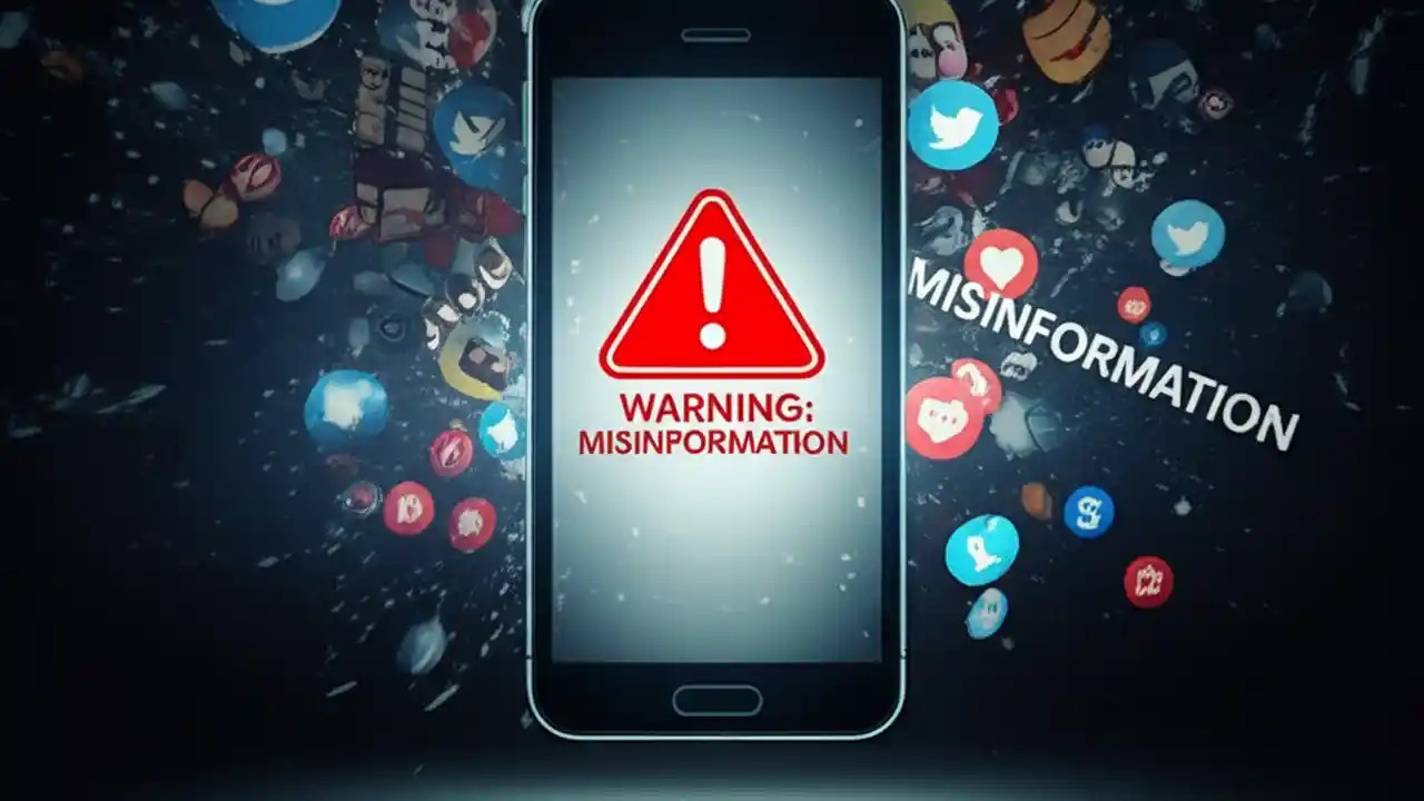 A smartphone displaying a misinformation warning amidst a storm of social media icons, symbolizing the Dom Lucre controversy.