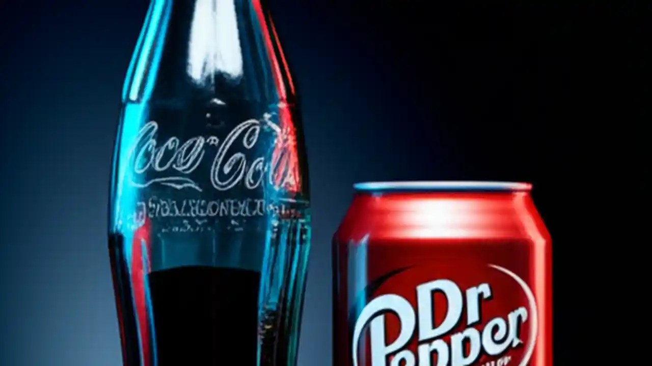 A side-by-side comparison of a can of Dr Pepper and a can of Coca-Cola, highlighting their visual and brand differences.