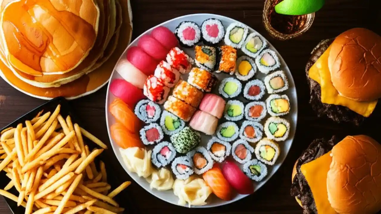 An overhead view of Dwayne Johnson's legendary cheat day meal, featuring a massive platter of sushi, stacks of pancakes, and double cheeseburgers with fries.