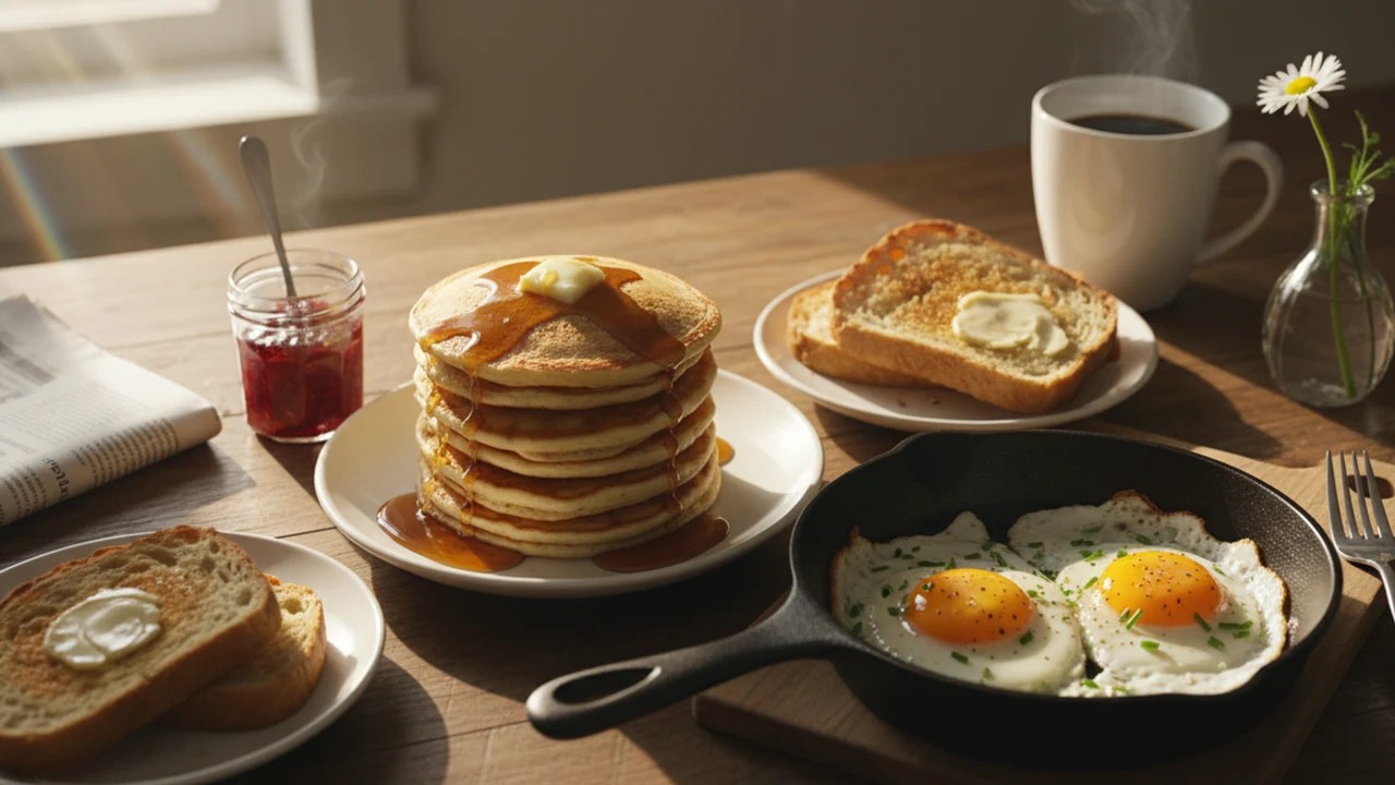 Golden pancakes and fried eggs with buttered toast.