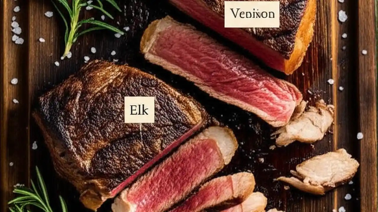A comparison shot of a sliced elk steak and a sliced venison steak on a wooden board, highlighting the differences in texture and color.