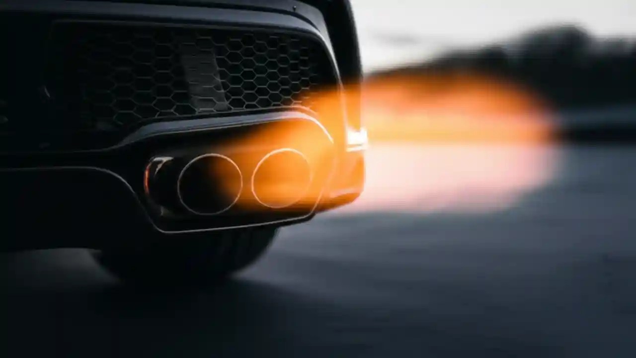 Close-up of a car's dual exhaust tips at night, with a bright orange flame from a pop and bang tune visible from one of the pipes.