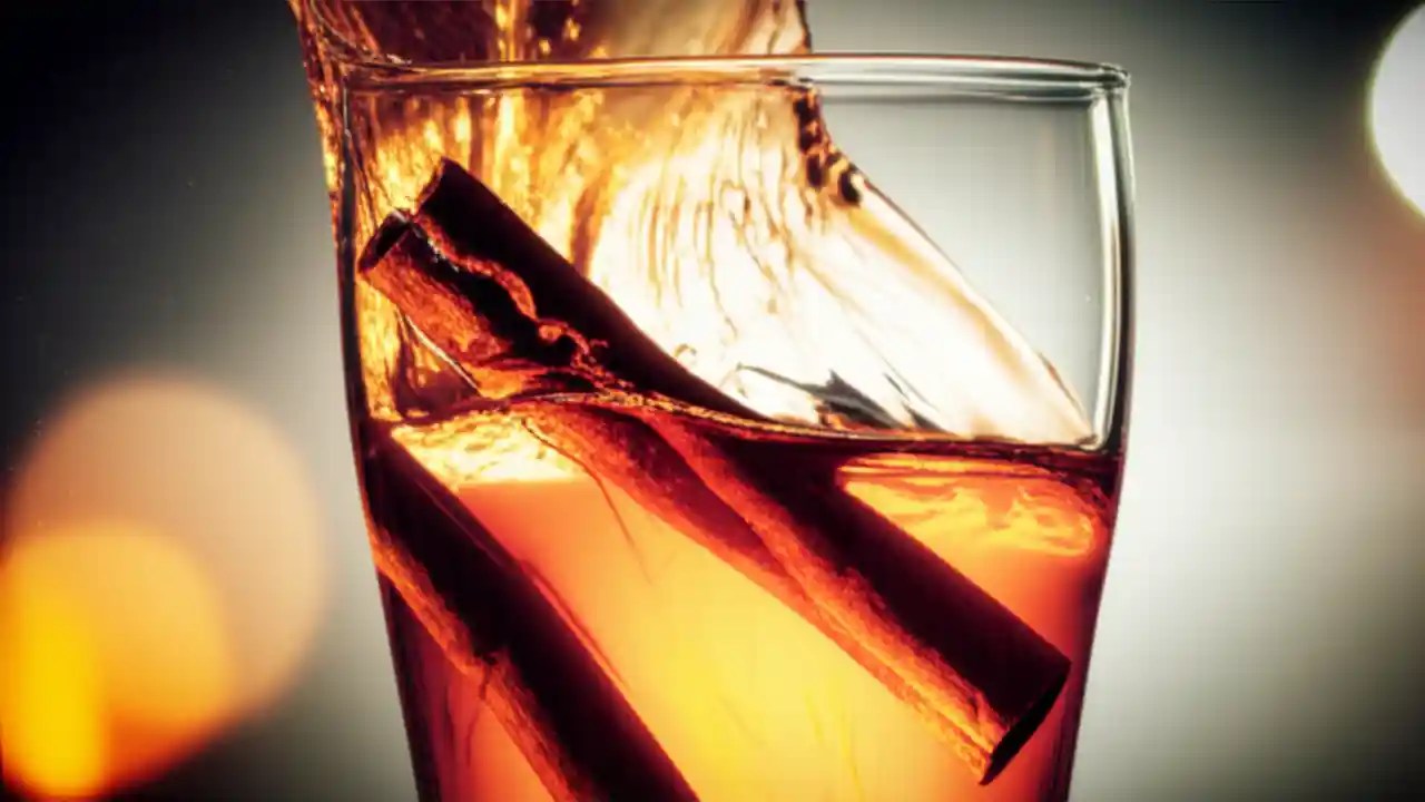 An abstract image showing a swirling, fiery-colored liquid in a glass, representing the debunked myth about Fireball and formaldehyde.